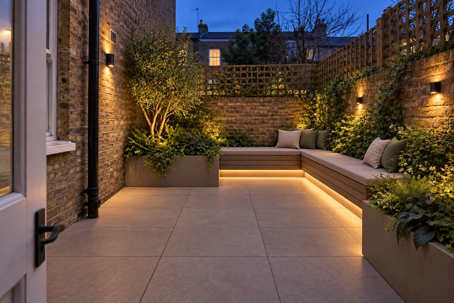 AI-generated proposed night view of an urban courtyard garden