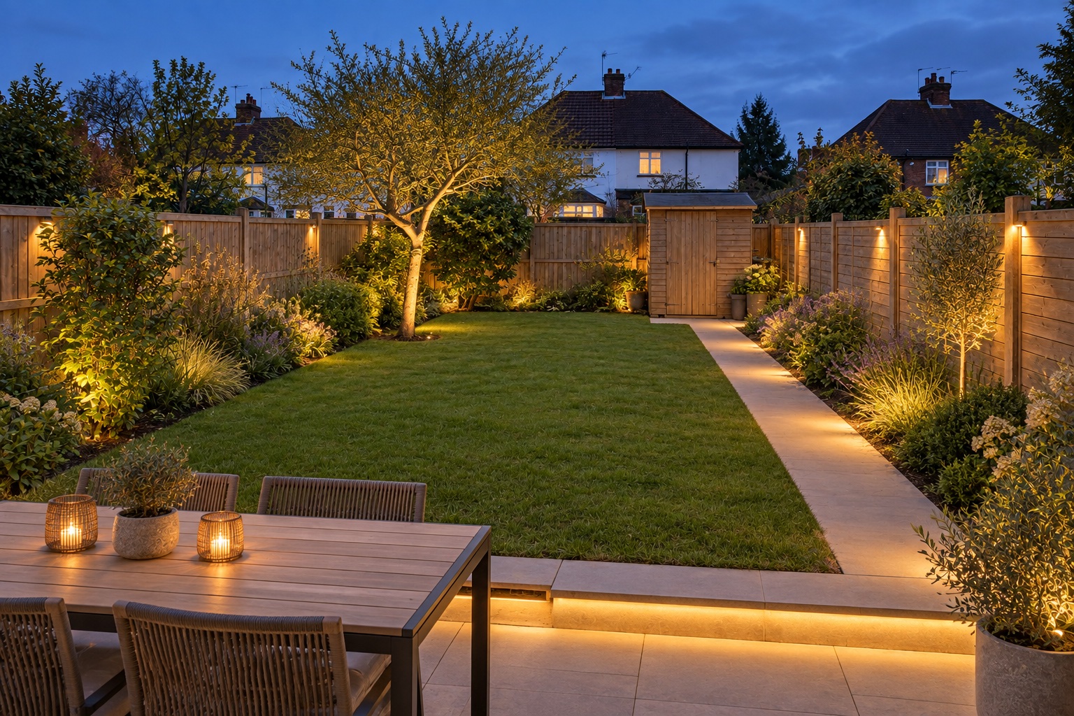 AI-generated proposed night view of a family-friendly garden