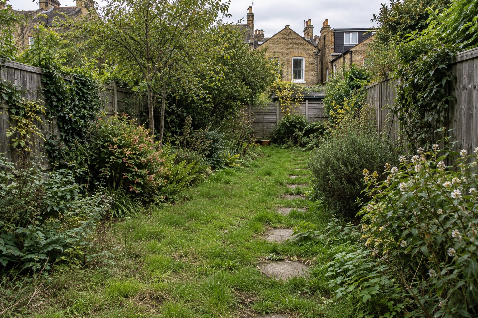 AI-generated starting-point study of a long London garden